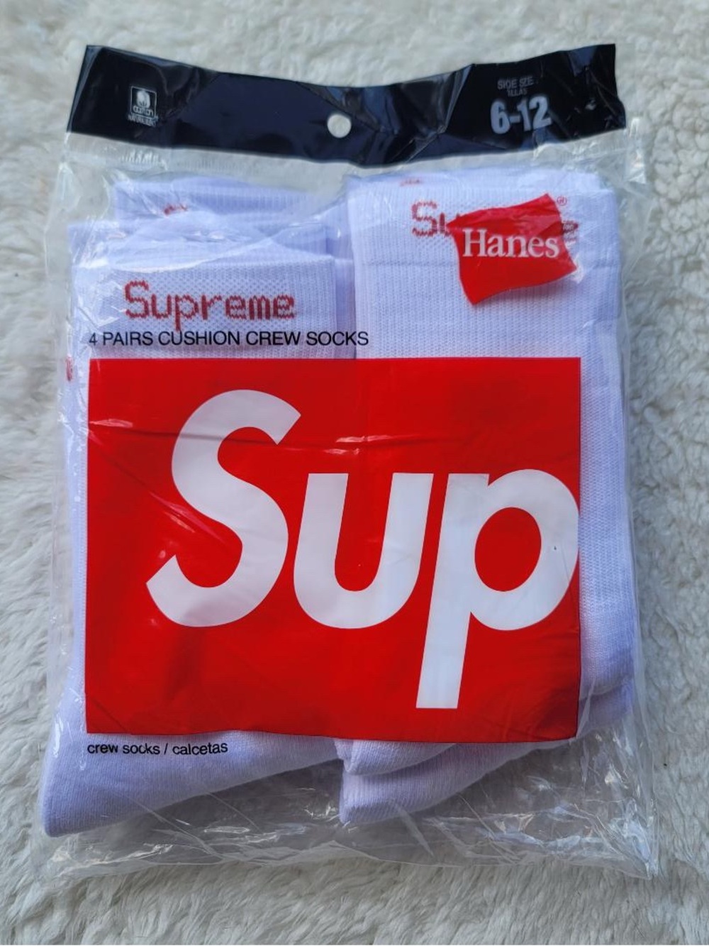 Supreme White Crew Socks with Red Logo - 4 Pack